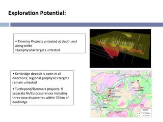Exploration Potential:



  • Timmins Projects untested at depth and 
  along strike
  •Geophysical targets untested 




 • Kenbridge deposit is open in all 
 directions; regional geophysics targets 
 remain untested
 • Turtlepond/Denmark projects: 9 
 separate Ni/Cu occurrences including 
 three new discoveries within 70 km of 
 Kenbridge
 
