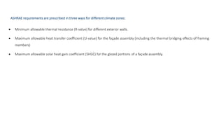 ASHRAE requirements are prescribed in three ways for different climate zones:
 Minimum allowable thermal resistance (R-value) for different exterior walls.
 Maximum allowable heat transfer coefficient (U-value) for the façade assembly (including the thermal bridging effects of framing
members)
 Maximum allowable solar heat gain coefficient (SHGC) for the glazed portions of a façade assembly.
 