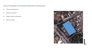 Approach for designing of the sustainable building façade in the following steps:
 Climate considerations
 Building orientation
 Façade materials properties
 Wall assemblies
N
 