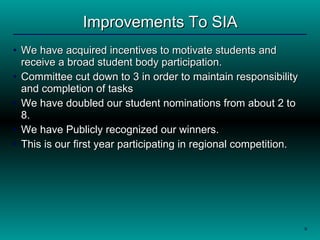 Improvements To SIA We have acquired incentives to motivate students and receive a broad student body participation.  Committee cut down to 3 in order to maintain responsibility and completion of tasks We have doubled our student nominations from about 2 to 8.  We have Publicly recognized our winners.  This is our first year participating in regional competition.  