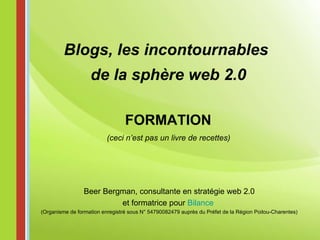 FORMATION (ceci n’est pas un livre de recettes) Blogs, les incontournables  de la sphère web 2.0 Beer Bergman, consultante en stratégie web 2.0 et formatrice pour  Bilance   (Organisme de formation enregistré sous N° 54790082479 auprès du Préfet de la Région Poitou-Charentes) 