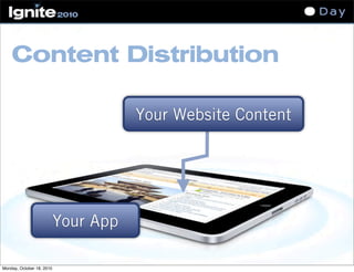 Content Distribution
Your Website Content
Your App
Monday, October 18, 2010
 
