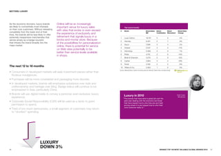 SECTORS: LuXuRY




As the economy recovers, luxury brands           Online will be an increasingly
are likely to concentrate most intensely         important venue for luxury sales                  Top luxury brands
on their core customers. Without retreating      with sites that evoke or even exceed        #     Brand                                Brand Value        Brand              Brand       Brand Value
completely from the lower end of their
lines, the brands will be less likely to offer
                                                 the experience of exclusivity and                                                      $M                 Contribution       Momentum    Change

extremely inexpensive merchandise that           refinement that signals luxury in a         1     Louis Vuitton                        19,781             5                  8             2%
serves simply as a badge souvenir                bricks-and-mortar store. Because            2     Hermès                               8,457              5                  7             8%
that infuses the brand broadly into the          of the possibilities for personalization
                                                                                             3     Gucci                                7,588              5                  4             2%
mass market.                                     online, there is potential for service
                                                                                             4     Chanel                               5,547              4                  4           -11%
                                                 on Web sites potentially to be
                                                                                             5     Hennessy                             5,368              5                  9             -1%
                                                 better than service levels available
                                                                                             6     Rolex                                4,742              2                  6           -14%
                                                 in shops.
                                                                                             7     Moët & Chandon                       4,279              5                  9           -12%
                                                                                             8     Cartier                              3,964              3                  2           -19%
                                                                                             9     Fendi                                3,199              2                  5            -8%
The next 12 to 18 months                                                                     10 Tiffany & Co.                           2,383              1                  6             6%
                                                                                            Source: Millward Brown Optimor (including data from BrandZ, Datamonitor, and Bloomberg)
• Consumers in developed markets will seek investment pieces rather than
  frivolous indulgences.
• Purchases will be more considered and packaging more discrete.
• In developed markets, brands will emphasize substance over style and
  craftsmanship and heritage over bling. Badge status will continue to be
  emphasized in Asia, particularly China.
• Brands will use digital media to convey a personal, even exclusive, luxury
                                                                                                   Luxury in 2010                                                                        Kelly Foster
  experience.                                                                                    “The brands that have done a great job over the
                                                                                                                                                                                          Mindshare

• Corporate Social Responsibility (CSR) will be used as a tactic to grant                         past year dealing with the economy are those
                                                                                                  that have stayed true to who they are and held
  permission to spend.                                                                            pricing where it is and stayed true to who their
                                                                                                  core customer really is.”
• Tired of too much seriousness, a small segment of customers may return
  to “drunken” spending.




                                LuXuRY
96
                                DOwN 3%                                                                                                                         BRaNDZ TOp 100 MOST VaLuaBLE GLOBaL BRaNDS 2010   97
 
