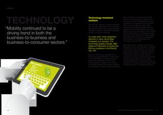 SECTORS




TECHNOLOGY
                                  Technology remained                            Apple's brand value appreciated by 32
                                                                                 percent. This increase is a tribute to the
                                  resilient.                                     company's ability to transform itself from
                                                                                 an electronics manufacturer into a brand
                                  Because the category is deeply integrated      that is central to people’s lives. Apple

“Mobility continued to be a
                                  into our lives, both personal and business.    manages to celebrate creativity and self-
                                  The BrandZ technology category includes        expression while, anticipating consumers’
                                  hardware, software, professional services,     needs and wants and meeting those needs
 driving trend in both the        portals, and mobile handsets.                  with solutions that are noteworthy for their
                                                                                 ease of use and elegance of design. Apple

 business-to-business and         In a year when most categories
                                  declined in value, technology
                                                                                 benefited specifically from the popularity
                                                                                 of the iPhone, its 100,000 apps, and

 business-to-consumer sectors.”   increased by 6 percent. The
                                  technology leaders Google, IBM,
                                                                                 anticipation for the iPad.

                                                                                 IBM’s 30 percent increase in brand value
                                  Apple and Microsoft occupied the               reflected its continuing strength in business-
                                  first four positions in the BrandZ             to-business brand marketing and the high
                                  Top 100.                                       level of trust engendered by the brand. Its
                                                                                 2009 global campaign “A Smarter Planet”
                                  Google’s brand value increased by 14           emotionally argued that IBM provides
                                  percent last year. The brand's dominance       solutions for many of the challenges faced
                                  as a search engine combined with the           by governments and commerce. The
                                  popularity of products such as Gmail           launch of Windows 7, accompanied by an
                                  and the potential impact of its recently       extensive ad campaign late last year, helped
                                  introduced Android mobile phone platform       Microsoft maintain its leadership position.
                                  made Google a leader in brand momentum.




126                                                                       BRaNDZ TOp 100 MOST VaLuaBLE GLOBaL BRaNDS 2010       127
 