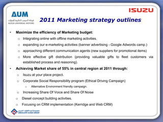 2011 Marketing strategy outlines
• Maximize the efficiency of Marketing budget:
o Integrating online with offline marketing activities.
o expanding our e-marketing activities (banner advertising - Google Adwords camp.)
o approaching different communication agents (new suppliers for promotional items)
o More effective gift distribution (providing valuable gifts to fleet customers via
established process and reasoning).
• Achieving Market share of 55% in central region at 2011 through:
o Isuzu at your place project.
o Corporate Social Responsibility program (Ethical Driving Campaign)
o Alternative Environment friendly campaign.
o Increasing Share Of Voice and Share Of Noise
o Diesel concept building activities.
o Focusing on CRM implementation (Kerridge and Web CRM)
 