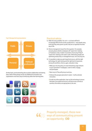 Fig 3. Manage the fuzzy boundaries
At their heart, social networking sites are about collaboration and sharing
ideas. Both of these things are the very lifeblood of innovation and
organisations must find a way of embracing rather than banning them.
11
Properly managed, these new
ways of communicating present
an opportunity  CIO
Practical advice
1.	 Make the tools available. You can’t – or at least will find it
increasingly difficult and counter-productive to – stop people using
tools that they have grown up with, that are so ingrained into their
way of life.
2.	 Divorce management issues from the equation. For example,
worrying about whether employees will ‘waste time’ chatting
on Facebook is only a modern incarnation of worrying if they’ll
‘waste time’ chatting at the water cooler. Motivating people and
optimising productivity is a management issue, not a security one.
3.	 It is possible to make any web-based tool secure, with the right
technology, the right training and the right level of awareness
among the workforce. And so, again, education is key:
•	Make your security policy on social networking usage relevant
to your Generation Y employees. Listen to them, engage,
and participate.
•	Never say no! They will just go round you.
•	Embrace the younger generation’s needs – it will accelerate
innovation.
•	As with any other application, layer up the technology to ensure
that data is encrypted and secure, and that access controls to
sensitive information are appropriate to the user.
Public
Personal
Private
Political/
professional
 
