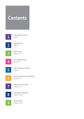Contents
1
	 Executive summary
Page 2
2
	 Introduction
Page 3
3
	 Cyber crime
Pages 4-5
4
	 The insider threat
Pages 6-7
5
	 Post-recession exodus
Page 8
6
	 Social media in the workplace
Pages 9-11
7
	 Security in the cloud
Pages 12-13
8
	 Enterprise cloud use
Pages 14-15
9
	 The BT offer
Pages 16-17
 