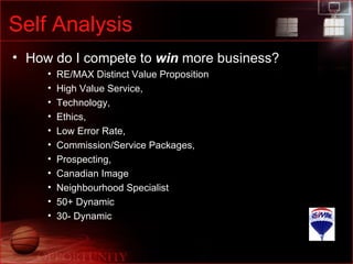 Self Analysis How do I compete to  win  more business? RE/MAX Distinct Value Proposition High Value Service,  Technology,  Ethics,  Low Error Rate,  Commission/Service Packages,  Prospecting, Canadian Image Neighbourhood Specialist  50+ Dynamic 30- Dynamic 