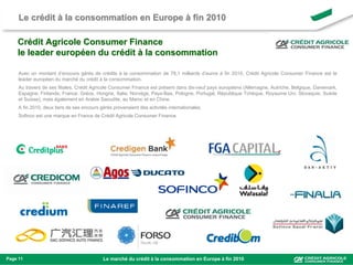 Le crédit à la consommation en Europe à fin 2010

    Crédit Agricole Consumer Finance
    le leader européen du crédit à la consommation

     Avec un montant d’encours gérés de crédits à la consommation de 78,1 milliards d’euros à fin 2010, Crédit Agricole Consumer Finance est le
     leader européen du marché du crédit à la consommation.
     Au travers de ses filiales, Crédit Agricole Consumer Finance est présent dans dix-neuf pays européens (Allemagne, Autriche, Belgique, Danemark,
     Espagne, Finlande, France, Grèce, Hongrie, Italie, Norvège, Pays-Bas, Pologne, Portugal, République Tchèque, Royaume Uni, Slovaquie, Suède
     et Suisse), mais également en Arabie Saoudite, au Maroc et en Chine.
     A fin 2010, deux tiers de ses encours gérés provenaient des activités internationales.
     Sofinco est une marque en France de Crédit Agricole Consumer Finance.




Page 11                                     Le marché du crédit à la consommation en Europe à fin 2010
 