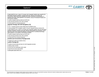2010
                                                  Options*                                                                                                                                             CAMRY

  • JBL® AM/FM 6-disc in-dash CD changer with integrated satellite radio capability [9],
  MP3/WMA playback capability, auxiliary audio jack, USB port with iPod® [10]
  connectivity, hands-free phone capability and music streaming via Bluetooth® [11]
  wireless technology, eight speakers in six locations, Vacuum Fluorescent Display and
  FM diversity reception
  • Leather-wrapped steering wheel and shift knob
  • Auto-dimming rearview mirror with compass
  • HomeLink® [14] universal transceiver
  Upgrade Package with DVD Navigation [12]
  • 16-in. 10-spoke aluminum alloy wheels with P215/60R16 tires
  • Voice-activated DVD navigation system [12] with integrated backup camera [13]
  • JBL® AM/FM 4-disc in-dash CD changer with integrated satellite radio [9], MP3/WMA
  playback capability, auxiliary audio jack, USB port with iPod® [10] connectivity, hands-
  free phone and music streaming capability via Bluetooth® [11] wireless technology,
  eight speakers in six locations, FM diversity reception
  • Leather-wrapped steering wheel and shift knob
  • Auto-dimming rearview mirror with compass
  • HomeLink® [14] universal transceiver
  Comfort and Convenience Package [3,22]
  • Heated front seats and outside mirrors
  Leather Package [3]
  • Leather-trimmed seats and door trim with integrated armrests
  • Sliding center console
  • Driver and front passenger power seats




                                                                                                                                                                                                                               © 2009 Toyota Motor Sales, U.S.A., Inc. Produced 11.19.09
  • Dual front and rear map pockets
  • Wood-grain-style interior trim




*This vehicle eBrochure is designed to identify vehicles commonly available in your area. If you would prefer to purchase a vehicle with no options or additional options, please contact your local           PAGE 11 of 18
dealer to check for current availability or the possibility of placing an order for such a vehicle.
 
