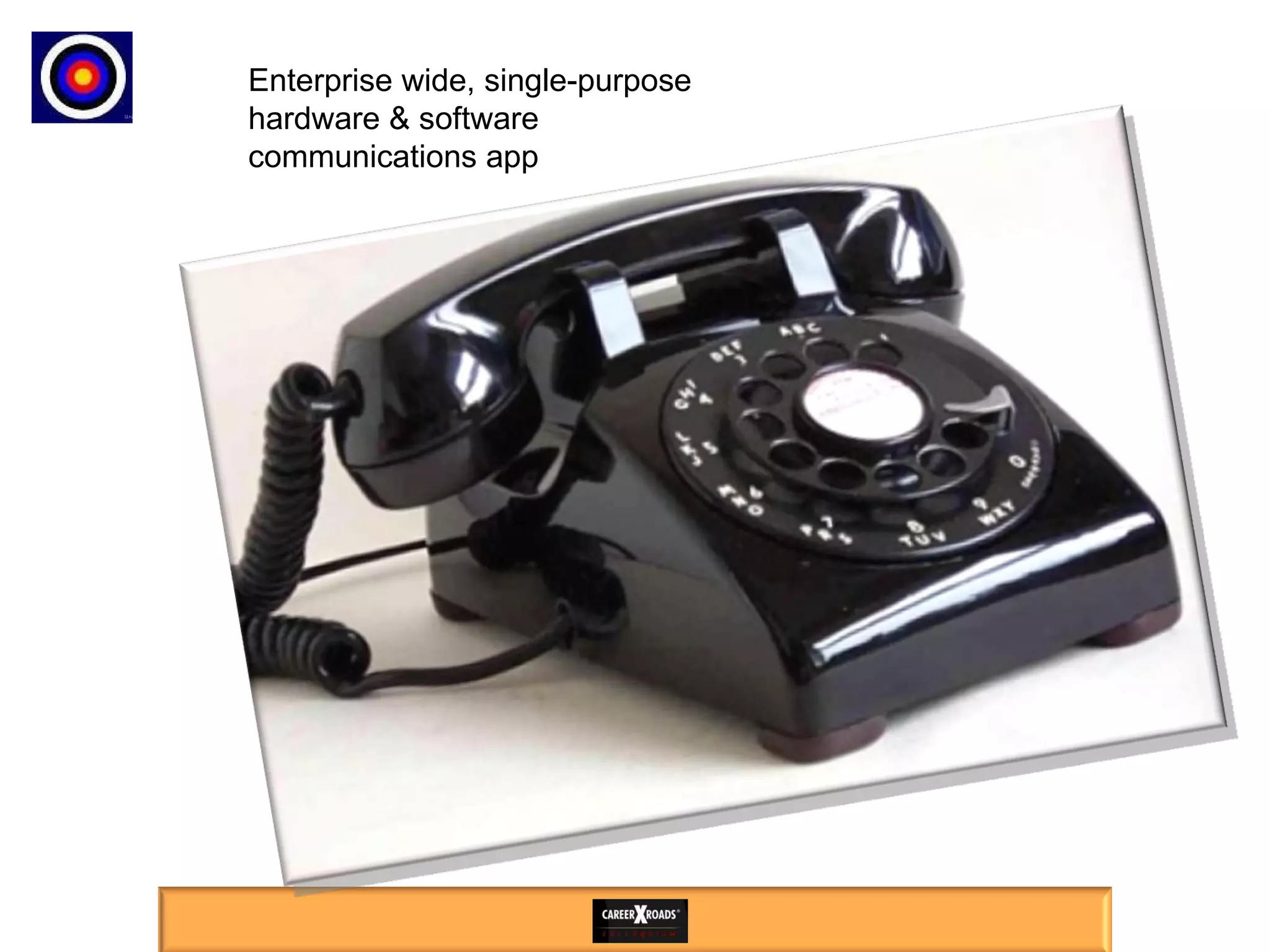 Enterprise wide, single-purpose  hardware & software  communications app Draft or expand existing communications policy to include: - How you monitor employee communications, articles, quotes and postings in media outside the firm. - Examples of use of social networking to advance corporate interests and vice versa - Corporate interest in [or not] in dealing directly with providers of communication, social network, collaboration technologies/providers. - How the company and employees can best avoid potential conflicts of interests, legal issues such as collusion, etc. - Protocols for permitting recommendations and endorsements - Acknowledgement of boundaries of  employee free speech, free association, and privacy rights in US, etc. 