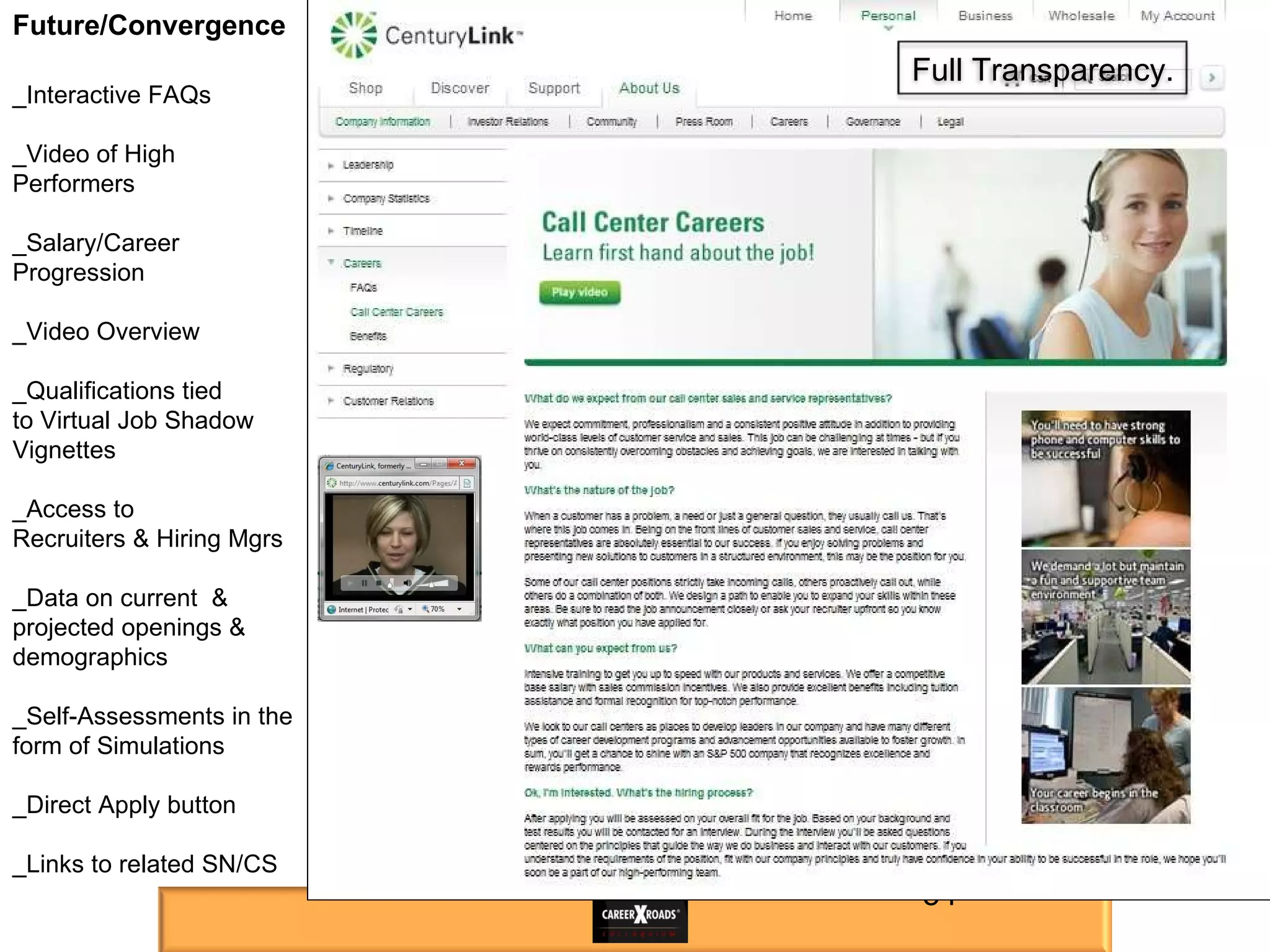 Future/Convergence _Interactive FAQs _Video of High Performers _Salary/Career Progression _Video Overview  _Qualifications tied to Virtual Job Shadow Vignettes _Access to  Recruiters & Hiring Mgrs _Data on current  & projected openings & demographics _Self-Assessments in the form of Simulations _Direct Apply button _Links to related SN/CS Full Transparency. 