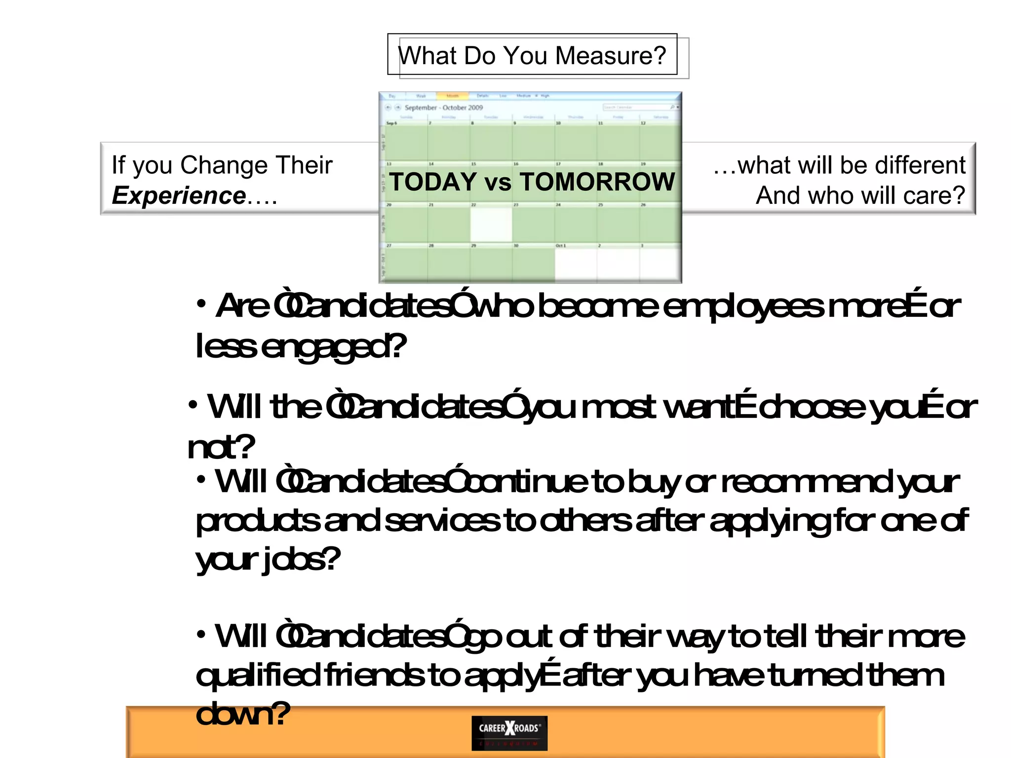 Will “Candidates” continue to buy or recommend your products and services to others after applying for one of your jobs? Will “Candidates” go out of their way to tell their more qualified friends to apply…after you have turned them down? Will the “Candidates” you most want…choose you…or not? Are “Candidates” who become employees more…or less engaged? TODAY vs TOMORROW What Do You Measure? If you Change Their  Experience …. … what will be different And who will care? 