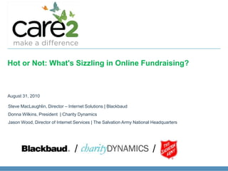 Hot or Not: What's Sizzling in Online Fundraising? August 31, 2010 Steve MacLaughlin, Director – Internet Solutions | Blackbaud Donna Wilkins, President  | Charity Dynamics Jason Wood, Director of Internet Services | The Salvation Army National Headquarters  /                         / 