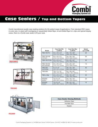 Case Sealers /                                     Top and Bottom Tapers


 Combi manufactures quality case sealing solutions for the widest range of applications. From standard RSC cases
 in every size, to cases with overlapping or sequentially folded ﬂaps, to tuck-folded ﬂaps to L-clips and special display
 cases, there is a Combi case sealer to ﬁt your case.




                                                                        Case Size Min           Case Size Max           Speed:
                                                         Model            (LxWxH)                 (LxWxH)             up to CPM*
                                                   TBS-100 FC        4½ x 4½ x 5”            20 x 16 x 20”               20
                                                                     (114 x 114 x 127mm)     (508 x 406 x 508mm)

                                                   TBS-100 HS        4½ x 4½ x 5”            24 x 20 x 24”               50
                                                   High Speed        (114 x 114 x 127mm)     (610 x 508 x 610mm)

                                                   TBS-100 FCXL      4½ x 4½ x 5”            24 x 20 x 24”               20
                                                                     (114 x 114 x 127mm)     (610 x 508 x 610mm)

                                                   TBS-100 SA        4½ x 4½ x 5”            24 x 20 x 24”               15
                                                   Semi-Automatic    (114 x 114 x 127mm)     (610 x 508 x 610mm)

                                                   TBS-300           5 x 5 x 5”              26 x 20 x 20”               50
                                                   Top Hot Melt      (127 x 127 x 127mm)     (660 x 508 x 508mm)

                                                   TBS-500           16 x 11 x 10”           42 x 30 x 42”                8
                                                                     (406 x 279 x 254mm)     (1067 x 762 x 1067mm)

                                                   TBS L-Clip        4½ x 4½ x 5”            20 x 16 x 20”               20
                                                                     (114 x 114 x 127mm)     (508 x 406 x 508mm)

                                                   RS2000            10 x 8 x 6”             24 x 16 x 16”               20
                                                   Random            (254 x 203 x 152mm)     (610 x 406 x 406mm)

                                                   RS3000            10 x 8 x 6”             28 x 22 x 22”               15
                                                   Random            (254 x 203 x 152mm)     (711 x 559 x 559mm)



   TBS500




                                                                            Case Sealer Closing Methods
                                                                                           Adhesive Tape
                                                                                           Hot Melt Glue
                                                                                              Staples




 RS2000



           Combi Packaging Systems LLC • 5365 East Center Dr NE • Canton, OH 44721 • (800) 521-9072 • www.combi.com
 