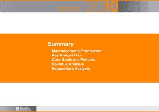 Summary
Macroeconomic Framework
Key Budget Data
Core Goals and Policies
Revenue Analysis
Expenditure Analysis

 