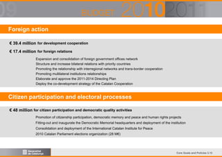 Foreign action
€ 39.4 million for development cooperation
€ 17.4 million for foreign relations
Expansion and consolidation of foreign government offices network
Structure and increase bilateral relations with priority countries
Promoting the relationship with interregional networks and trans-border cooperation
Promoting multilateral institutions relationships
Elaborate and approve the 2011-2014 Directing Plan
Deploy the co-development strategy of the Catalan Cooperation

Citizen participation and electoral processes
€ 48 million for citizen participation and democratic quality activities
Promotion of citizenship participation, democratic memory and peace and human rights projects
Fitting-out and inaugurate the Democratic Memorial headquarters and deployment of the institution
Consolidation and deployment of the International Catalan Institute for Peace
2010 Catalan Parliament elections organization (28 M€)

Core Goals and Policies 3.13

 
