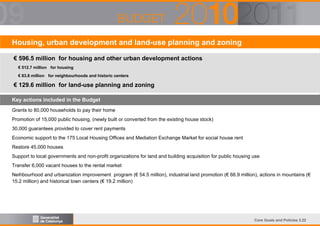 Housing, urban development and land-use planning and zoning
€ 596.5 million for housing and other urban development actions
€ 512.7 million for housing
€ 83.8 million for neighbourhoods and historic centers

€ 129.6 million for land-use planning and zoning
Key actions included in the Budget
Grants to 80,000 households to pay their home
Promotion of 15,000 public housing, (newly built or converted from the existing house stock)
30,000 guarantees provided to cover rent payments
Economic support to the 175 Local Housing Offices and Mediation Exchange Market for social house rent
Restore 45,000 houses
Support to local governments and non-profit organizations for land and building acquisition for public housing use
Transfer 6,000 vacant houses to the rental market
Neihbourhood and urbanization improvement program (€ 54.5 million), industrial land promotion (€ 66.9 million), actions in mountains (€
15.2 million) and historical town centers (€ 19.2 million)

Core Goals and Policies 3.22

 