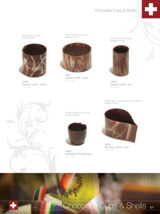 Chocolate Cups & Shells




                            2”W x 1Zv”H (5 cm x 3.2 cm)
2”W x 2”H (5 cm x 5 cm)
                            Fill Level: 1.5 fl oz
Fill Level: 2.5 fl oz                                                         1Zv”W x 2”H (3.2 cm x 5 cm)
                                                                              Fill Level: 0.75 fl oz




                            40641
                            Cylinder, marble - small
                            1/120 ct/cs
40643                                                                         40642
Cylinder, marble - medium                                                     Cylinder, marble - mini
1/120 ct/cs                                                                   1/216 ct/cs




                                                                      1B,”W x 2Z,”L x 1Zx”H (4.3 cm x 5.4 cm x 3.8 cm)
                                                                      Fill Level: 1.25 fl oz




                            1Z,” W x 1Z,”H (2.9 cm x 2.9 cm)
                            Fill Level: 0.44 lf oz




                                                                      40640
                                                                      Tear Drop, marble - small
                                                                      1/100 ct/cs
                            40693
                            Snobinette Chocolate Cups
                            1/270 ct/cs




1.800.34.SWISS              Chocolate Cups & Shells                                                                         101
 