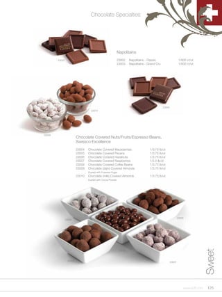 Chocolate Specialties




                                                             Napolitains
        23002                                                23002    Napolitains - Classic                      1/600 ct/ut
                                                             23003    Napolitains - Grand Cru                    1/600 ct/ut




                                                                                                23003
                                    23010




23009
                          Chocolate Covered Nuts/Fruits/Espresso Beans,
                          Swissco Excellence
                          23004   Chocolate Covered Macadamias                       1/3.75 lb/ut
                          23005   Chocolate Covered Pecans                           1/3.75 lb/ut
                          23006   Chocolate Covered Hazelnuts                        1/3.75 lb/ut
                          23007   Chocolate Covered Raspberries                      1/2.5 lb/ut
                          23008   Chocolate Covered Coffee Beans                     1/3.75 lb/ut
                          23009   Chocolate (dark) Covered Almonds                   1/3.75 lb/ut
                                  Dusted with Powered Sugar
                          23010   Chocolate (milk) Covered Almonds                   1/3.75 lb/ut
                                  Dusted with Cocoa Powder




                                                                                                                23005
                23004
                                                                                                                                   Sweet


                                                              23008



                  23006                                                                                 23007




                                                                                                                    www.scff.com    125
 