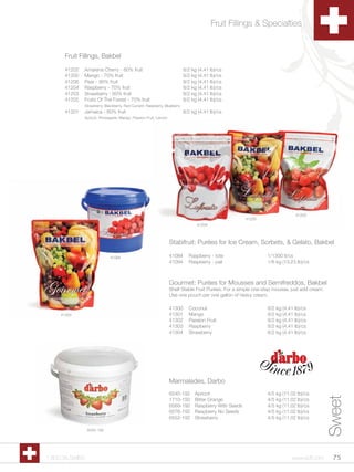 Fruit Fillings & Specialties


      Fruit Fillings, Bakbel

      41202   Amarena Cherry - 60% fruit                                  8/2 kg (4.41 lb)/cs
      41200   Mango - 70% fruit                                           8/2 kg (4.41 lb)/cs
      41206   Pear - 90% fruit                                            8/2 kg (4.41 lb)/cs
      41204   Raspberry - 70% fruit                                       8/2 kg (4.41 lb)/cs
      41203   Strawberry - 60% fruit                                      8/2 kg (4.41 lb)/cs
      41205   Fruits Of The Forest - 70% fruit                            8/2 kg (4.41 lb)/cs
              Strawberry, Blackberry, Red Currant, Raspberry, Blueberry
      41201   Jamaica - 60% fruit                                         8/2 kg (4.41 lb)/cs
              Apricot, Pinneapple, Mango, Passion Fruit, Lemon




                                                                                                                            41203
                                                                                                      41205
                                                                                41204



                                                                 Stabifruit: Purées for Ice Cream, Sorbets, & Gelato, Bakbel

                             41094                               41084      Raspberry - tote                  1/1300 lt/cs
                                                                 41094      Raspberry - pail                  1/6 kg (13.23 lb)/cs



                                                                 Gourmet: Purées for Mousses and Semifreddos, Bakbel
                                                                 Shelf Stable Fruit Purées. For a simple one-step mousse, just add cream.
                                                                 Use one pouch per one gallon of heavy cream.

                                                                 41300      Coconut                           8/2 kg (4.41 lb)/cs
     41303                                                       41301      Mango                             8/2 kg (4.41 lb)/cs
                                                                 41302      Passion Fruit                     8/2 kg (4.41 lb)/cs
                                                                 41303      Raspberry                         8/2 kg (4.41 lb)/cs
                                                                 41304      Strawberry                        8/2 kg (4.41 lb)/cs




                                                                 Marmalades, Darbo
                                                                 6545-192      Apricot                        4/5 kg (11.02 lb)/cs
                                                                                                                                            Sweet


                                                                 1710-192      Bitter Orange                  4/5 kg (11.02 lb)/cs
                                                                 6569-192      Raspberry With Seeds           4/5 kg (11.02 lb)/cs
                                                                 6576-192      Raspberry No Seeds             4/5 kg (11.02 lb)/cs
                                                                 6552-192      Strawberry                     4/5 kg (11.02 lb)/cs

                 6552-192




1.800.34.SWISS                                                                                                            www.scff.com        75
 