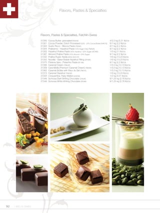 Flavors, Pastes & Specialties




                      Flavors, Pastes & Specialties, Felchlin-Swiss
                      31300   Cocoa Butter, granulated (FE64E)                                 4/2.5 kg (5.51 lb)/cs
                      31301   Cocoa Powder, Dutch Processed (22% - 24% Cocoa Butter) (HA01E)   6/1 kg (2.2 lb)/cs
                      31303   Gusto Ricco - Mocca Paste (FE64E)                                6/1 kg (2.2 lb)/cs
                      31304   Pralissimo - Hazelnut Paste (10% Sugar Only) (TM32E)             6/1 kg (2.2 lb)/cs
                      31305   Hazelnut Praline Paste (50% Hazelnut / 50% Sugar) (DC46E)        1/5 kg (11 lb)/cs
                      31387   Almond Praline Paste (75% Almond / 25% Sugar)                    6/1 kg (2.2 lb)/cs
                      31332   Praline Rustic Noble (60%) (DC21E)                               1/6 kg (13.23 lb)/cs
                      31355   Nocella - Bake-Stable Hazelnut Filling (DF49E)                   1/6 kg (13.23 lb)/cs
                      31375   Pistacia Vera - Pistachio Paste (DF18E)                          6/1 kg (2.2 lb)/cs
                      31306   Caramel Cream (TM52E)                                            1/5.5 kg (12.13 lb)/cs
                      31309   Cara-Molla (Premium Caramel Cream) (TM30E)                       1/5.5 kg (12.13 lb)/cs
                      31362   Caramel Brûlée with Fleur du Sel (TM01E)                         1/5.5 kg (12.13 lb)/cs
                      31373   Caramel Hazelnut (TM02E)                                         1/6 kg (13.23 lb)/cs
                      31333   Croquantine, Flaky Wafers (HA20E)                                1/2 kg (4.41 lb)/cs
                      31348   Scrivosa Dark Writing Chocolate (CA04E)                          6/1.25 kg (2.76 lb)/cs
                      31349   Scrivosa White Writing Chocolate (FE08E)                         6/1.25 kg (2.76 lb)/cs




92   1.800.34.SWISS
 
