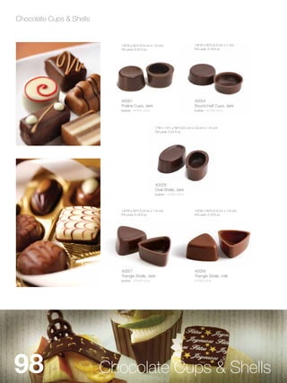 Chocolate Cups & Shells


                            1Z,”W x B,”H (2.9 cm x 1.6 cm)                      1Z,”W x C,”H (2.9 cm x 1 cm)
                            Fill Level: 0.25 fl oz                                Fill Level: 0.18 fl oz




                            40061                                                 40054
                            Praline Cups, dark                                    Round Half Cups, dark
                            kosher - 4/504 ct/cs                                  kosher - 4/756 ct/cs




                                                     1”W x 1Zx”L x C,”H (2.5 cm x 3.8 cm x 1.6 cm)
                                                     Fill Level: 0.25 fl oz




                                                     40029
                                                     Oval Shells, dark
                                                     kosher - 4/504 ct/cs




                            1Z,”W x B,”H (2.9 cm x 1.6 cm)                      1Z,”W x B,”H (2.9 cm x 1.6 cm)
                            Fill Level: 0.18 fl oz                                Fill Level: 0.18 fl oz




                            40057                                                 40058
                            Triangle Shells, dark                                 Triangle Shells, milk
                            kosher - 4/448 ct/cs                                  4/448 ct/cs




98                        Chocolate Cups & Shells
 