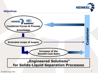 Objectives Customer Extended scope of supply Increase of the  Benefit-Cost Ratio „ Engineered Solutions“ for Solids-Liquid-Separation Processes Combined Forces & Process Knowledge 