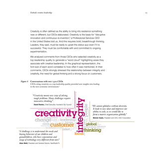 Embody creative leadership	 25
Creativity is often defined as the ability to bring into existence something
new or different, but CEOs elaborated. Creativity is the basis for “disruptive
innovation and continuous re-invention,” a Professional Services CEO
in the United States told us. And this requires bold, breakthrough thinking.
Leaders, they said, must be ready to upset the status quo even if it is
successful. They must be comfortable with and committed to ongoing
experimentation.
We analyzed comments from those CEOs who selected creativity as a
top leadership quality to generate a “word cloud” highlighting areas they
associate with creative leadership. In the graphical representation, the
font size of each word correlates to how often it was mentioned. In their
comments, CEOs strongly stressed the relationship between integrity and
creativity, the need for global thinking and a strong focus on customers.
Conversations with over 1,500 CEOs
CEOs citing creativity as a top leadership quality provided new insights into leading
in the new economic environment.5
Figure 8
market
change
integrity
global
creativity
customer
thinking
products
risks
inﬂuence
public
environment
risk
strategic
qualities
services
fairness
collaboration
direction
strategy
development
open
future
management
think
trust
speed
capability
understanding
model
personalcommunication
power
knowledge
high
government
political
quality
technology
ﬂexibility
local
know
dedication
openness
complexity
balance
socialsuccessful
responsibility
passion
uniquegrowth
transparency
challenge
value
skills
energy
drive
cost
sector
time
team
commitment
complex
safety
needs
culture
service
sense
ﬁnancial
humility
others
water
decision
vision
ideas
focus
innovation
sustainability
understand
new
leaders
leadership
people
employee
organization
“We cannot globalize without diversity.
It leads to new ideas and improves our
ability to scale, so we would like to
form a matrix organization globally.”
Motoki Ozaki, President and CEO, KAO Corporation
“A challenge is to understand the needs and
buying behaviors of our children and
grandchildren, who have expectations and
usage of technology very different from ours.”
Alain Weill, President and General Director, NextRadioTV
“Creativity means new ways of solving
tough problems. Many challenges require
innovative thinking.”
David Rankin, Chief Executive, Auckland City Council
 