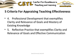 5 Criteria For Appraising Teaching Effectiveness 4.  Professional Development that exemplifies Clarity and Relevance of Goals and Mastery of Existing Knowledge 5.  Reflective Practice that exemplifies Clarity and Relevance of Goals and Effective Communication www.kennesaw.edu/cetl 