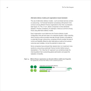 44                                                                             The New Value Integrator




                 Alternative delivery models push organizations toward standards

                 The use of alternative delivery models – such as shared services centers
                 or outsourcing – for financial transaction processing is 69 percent more
                 common among efficient Finance organizations than their counterparts
                 (see Figure 14). This, in turn, allows companies to drive standards
                 adoption. Process consistency, for example, is twice as common among
                 those using alternative delivery models.

                 Each organization must determine the Finance delivery model
                 configuration that will work best in its individual situation. When deciding
                 which functions will be provided internally through Centers of Excellence
                 or externally through outsourcing, companies should consider the level of
                 control and flexibility offered by each alternative as well as the business
                 outcomes each enables, not just its potential to reduce cost.

                 Some companies have achieved their desired return on investment more
                 quickly by outsourcing a particular Finance function before trying to
                 standardize it. This “ship then fix” approach can sometimes break the
                 internal gridlock that is preventing global optimization and speed the
                 realization of benefits.


     Figure 14   Efficient Finance organizations use alternative delivery models more frequently.
                 This significantly increases their ability to drive consistent processes.



                                   Organizations with high Finance efﬁciency
                                                                 49%
                                   Less efﬁcient organizations
                                                                                         69%
                                                                                         more
                                                     29%
 