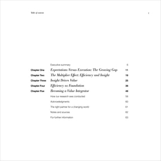 Table of contents                                                         5




                    Executive summary                                6

Chapter One         Expectations Versus Execution: The Growing Gap   11

Chapter Two         The Multiplier Effect: Efficiency and Insight    19

Chapter Three       Insight Drives Value                             25

Chapter Four        Efficiency as Foundation                         39

Chapter Five        Becoming a Value Integrator                      49

                    How our research was conducted                   58

                    Acknowledgments                                  60

                    The right partner for a changing world           61

                    Notes and sources                                62

                    For further information                          63
 