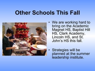 Other Schools This Fall We are working hard to bring on the Academic Magnet HS, Baptist Hill HS, Clark Academy,  Lincoln HS, and St. John’s HS this fall. Strategies will be planned at the summer leadership institute. 