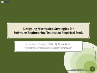 S
O
P
E
I
Influences
Is influenced
Designing Motivation Strategies for
Software Engineering Teams: an Empirical Study
A. César C. França; Fabio Q. B. da Silva;
<cesarfranca@gmail.com; fabio@cin.ufpe.br>
 