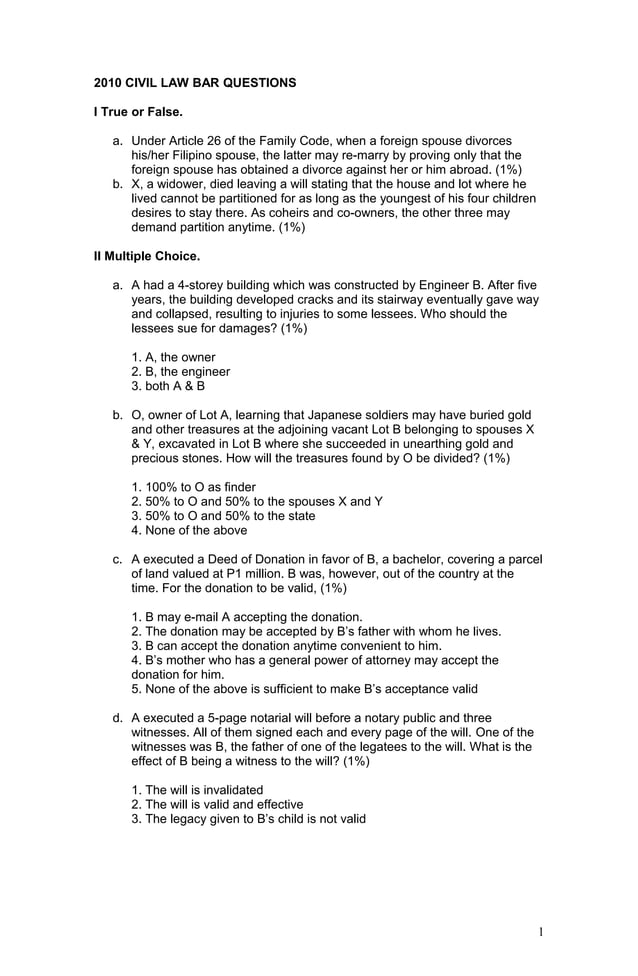 2010 civil law bar questions PDF