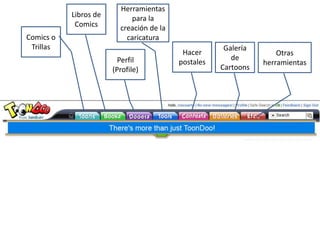 Libros de ComicsHerramientas para la creación de la caricaturaComics o TrillasHacer postalesGalería de CartoonsOtras herramientasPerfil (Profile)Solapas o Menús en el TOONDOO