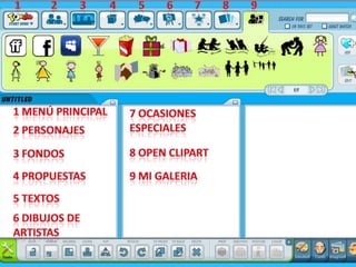 1234567891 Menú Principal7 Ocasiones especiales2 Personajes8 Open Clipart3 Fondos4 Propuestas9 mi galeria5 Textos6 Dibujos de artistas