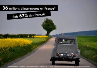 36 millions d’internautes en France*
           Soit 67% des français




   * Médiamétrie : Février 2010 / Internautes = individus de 11 ans et + qui se sont connecté à internet au cours du dernier mois
 