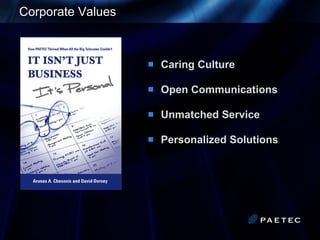 Corporate Values Caring Culture Open Communications Unmatched Service Personalized Solutions 