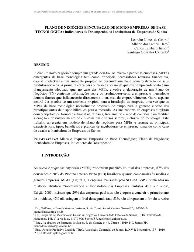 2010: Plano de Negócios e Incubação de Empresas de Base 