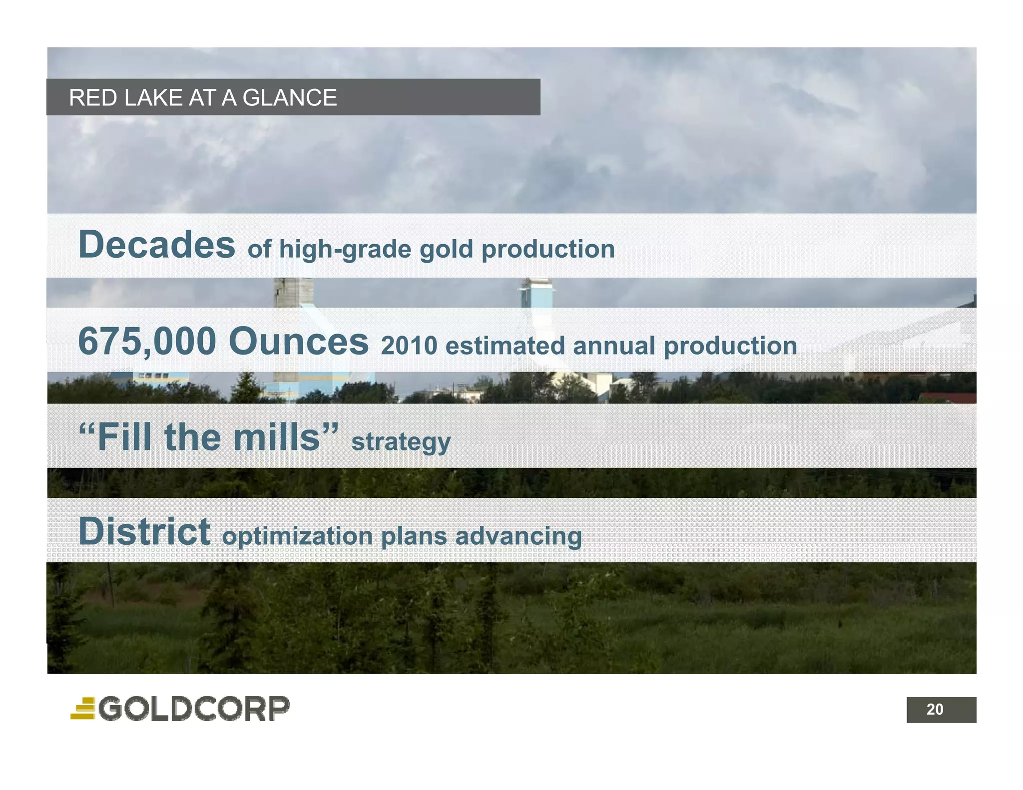 RED LAKE AT A GLANCE




Decades of high-grade gold production
           high grade


675,000
675 000 Ounces 2010 estimated annual production

“Fill the mills strategy
 Fill     mills”

District optimization plans advancing



                                                  20 20
 