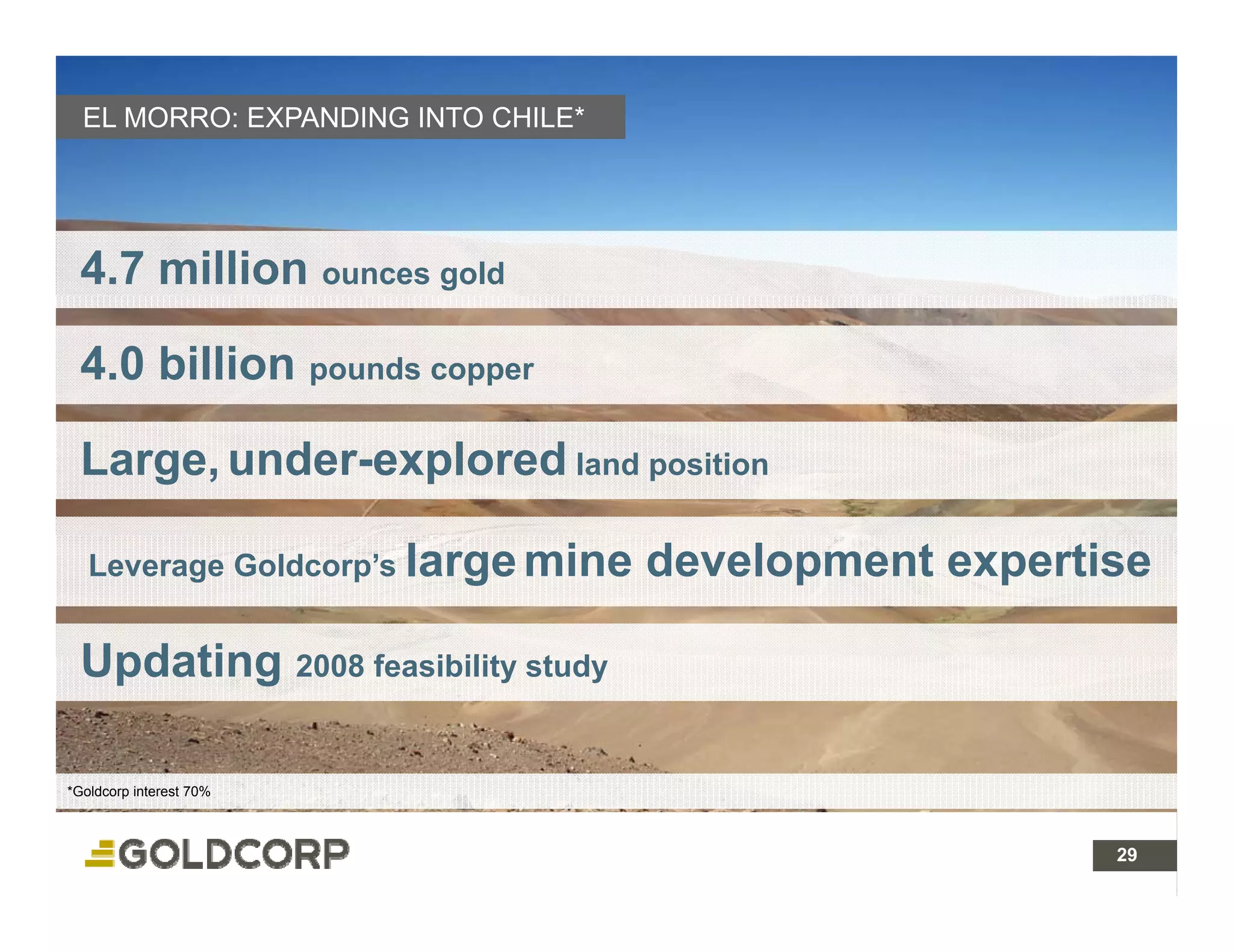 EL MORRO: EXPANDING INTO CHILE*




 4.7 million ounces gold

 4.0 billion pounds copper

 Large, under-explored land position

   Leverage Goldcorp’s large mine   development expertise

 Updating 2008 feasibility study
               f   ibilit t d


*Goldcorp interest 70%



                                                      29 29
 