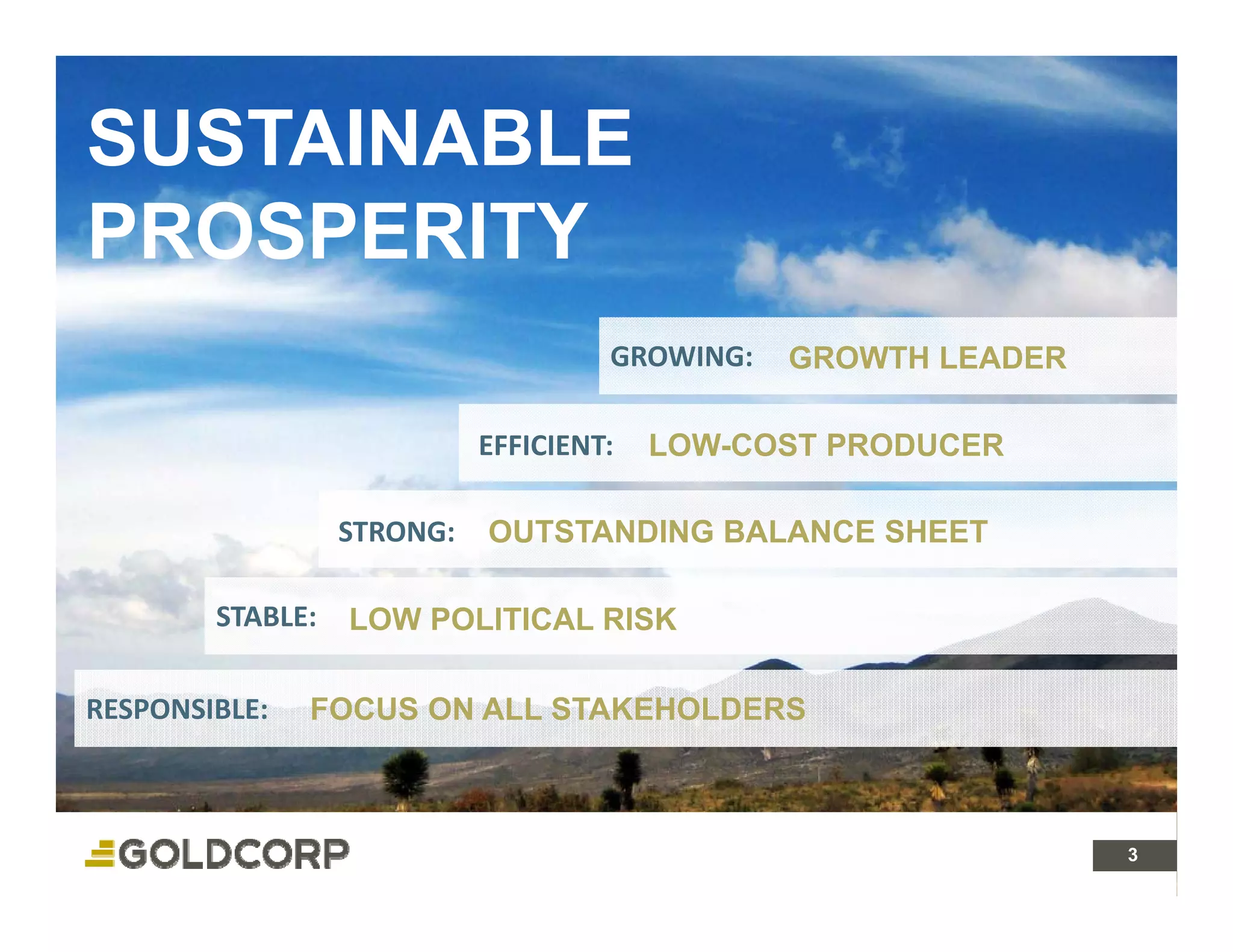 SUSTAINABLE
PROSPERITY
                                     GROWING:   GROWTH LEADER

                            EFFICIENT:   LOW-COST PRODUCER

                  STRONG:   OUTSTANDING BALANCE SHEET

        STABLE:   LOW POLITICAL RISK

RESPONSIBLE:   FOCUS ON ALL STAKEHOLDERS



                                                                3 3
 