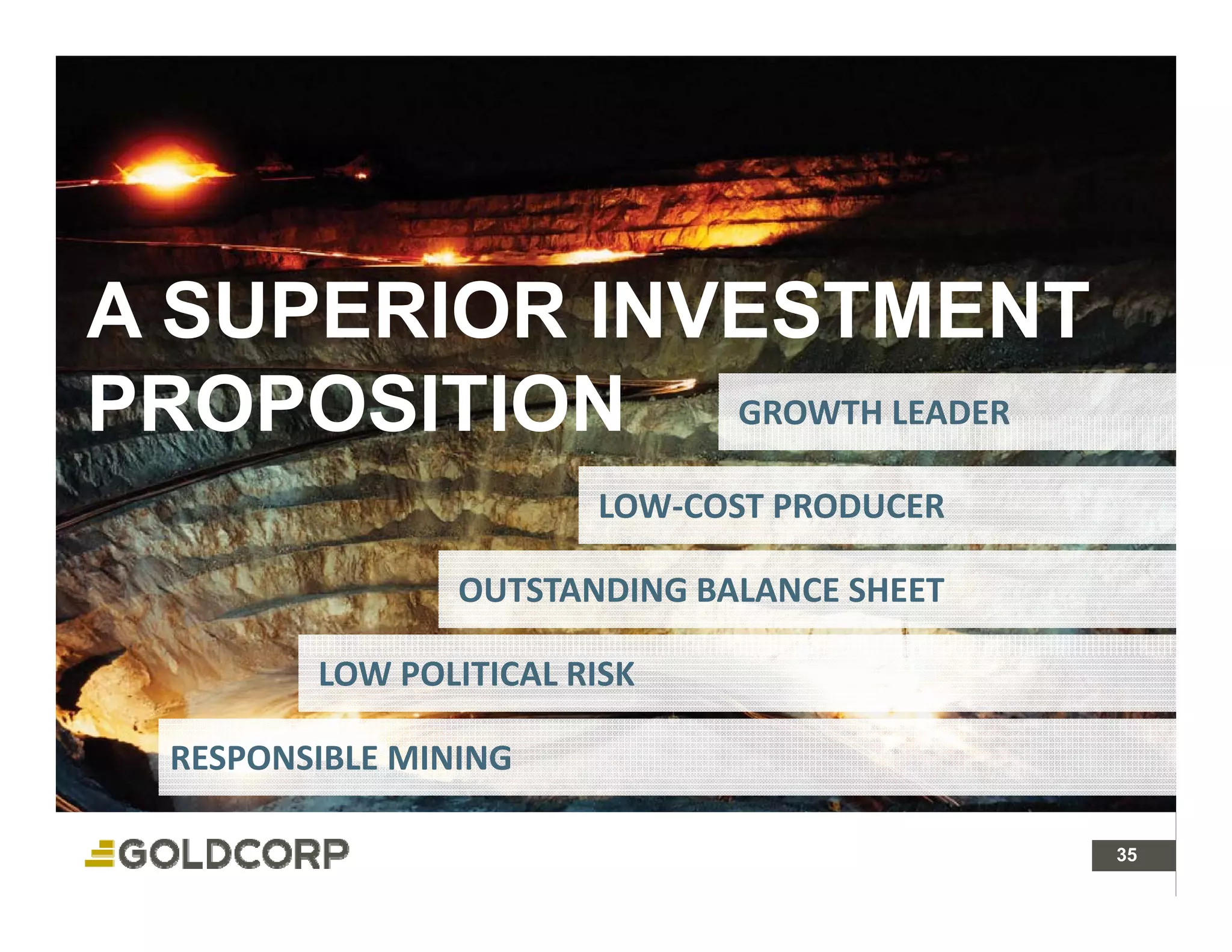 A SUPERIOR INVESTMENT
PROPOSITION GROWTH LEADER
              GROWTH LEADER 

                        LOW‐COST PRODUCER 

                 OUTSTANDING BALANCE SHEET

         LOW POLITICAL RISK

  RESPONSIBLE MINING

                                             35 35
 