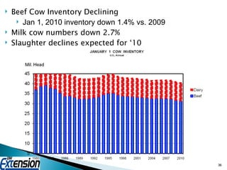 Beef Cow Inventory Declining Jan 1, 2010 inventory down 1.4% vs. 2009 Milk cow numbers down 2.7% Slaughter declines expected for ‘10 
