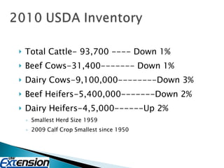 Total Cattle- 93,700 ---- Down 1% Beef Cows-31,400------- Down 1% Dairy Cows-9,100,000--------Down 3% Beef Heifers-5,400,000-------Down 2% Dairy Heifers-4,5,000------Up 2% Smallest Herd Size 1959 2009 Calf Crop Smallest since 1950 