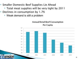 Smaller Domestic Beef Supplies Lie Ahead Total meat supplies will be very tight by 2011 Declines in consumption by 1.7% Weak demand is still a problem 