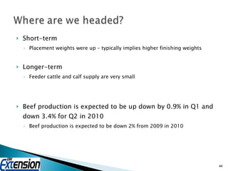 Short-term Placement weights were up – typically implies higher finishing weights Longer-term Feeder cattle and calf supply are very small Beef production is expected to be up down by 0.9% in Q1 and down 3.4% for Q2 in 2010 Beef production is expected to be down 2% from 2009 in 2010 