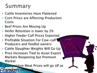 Cattle Inventories Have Flattened Corn Prices are Affecting Production Costs Beef Prices Are Moving Up Heifer Retention is lower by 2% Higher Feeder Calf Prices Expected Profitable Situation For Cow-calf Producers and feedlot owners Cattle Slaughter Weights Will Go Up Price Increases Tied to Asian Export Markets Reopening but Premium Market Competitive Meat Prices will go UP as inventory declines 