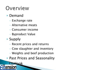 Demand Exchange rate  Alternative meats Consumer income Byproduct Value Supply Recent prices and returns Cow slaughter and inventory Weights and beef production Past Prices and Seasonality Outlook 